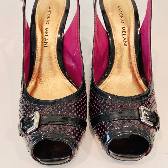Antonio Melani Slingback Black/Pink Leather Heels - Picture 2 of 11